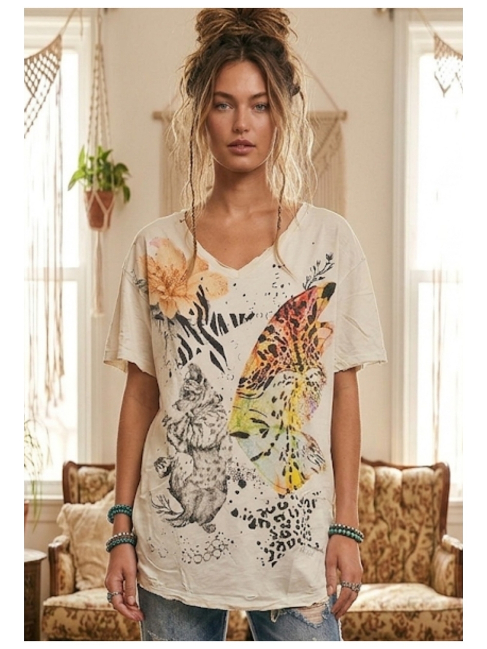 Cream Short-Sleeve V-Neck Tee with Multicolor Tiger Butterfly Graphic